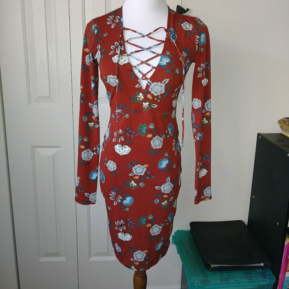 Bohemian red floral lace up bodycon mini dress